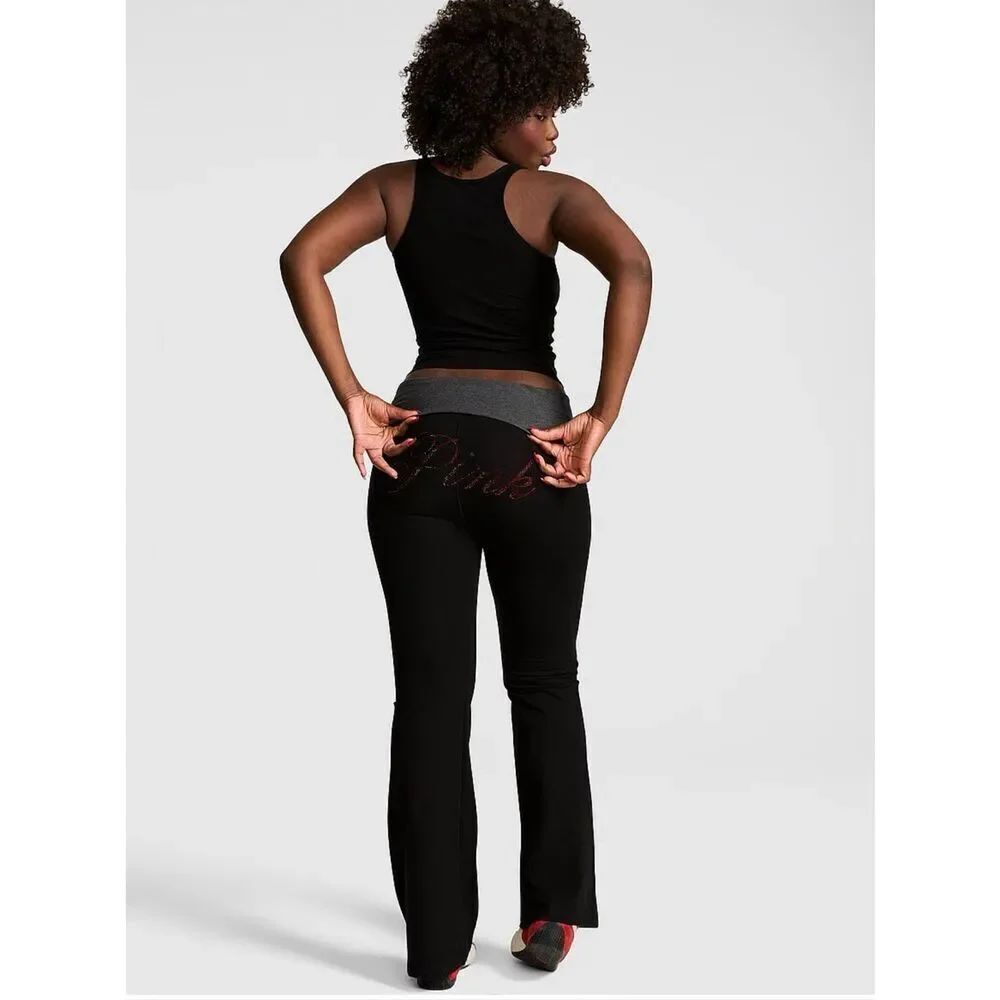 Victoria's Secret PINK rhinestone bling  Foldover Yoga Pants Flare medium nwt